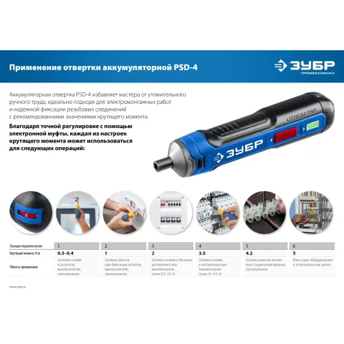 ЗУБР ZUBR GO 4 Vmax, аккумуляторная отвертка, Профессионал (PSD-4)