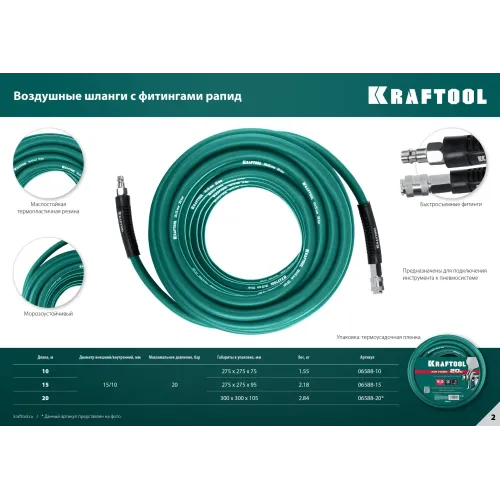 KRAFTOOL 20 м, 10 х1 5 мм, 20 бар, воздушный шланг с поворотными фитингами рапид (06588-20)