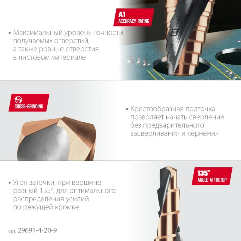 KRAFTOOL COBALT 4-20мм, 9 ступеней, азотирование, винтовая спираль, сверло ступенчатое(29691-4-20-9)