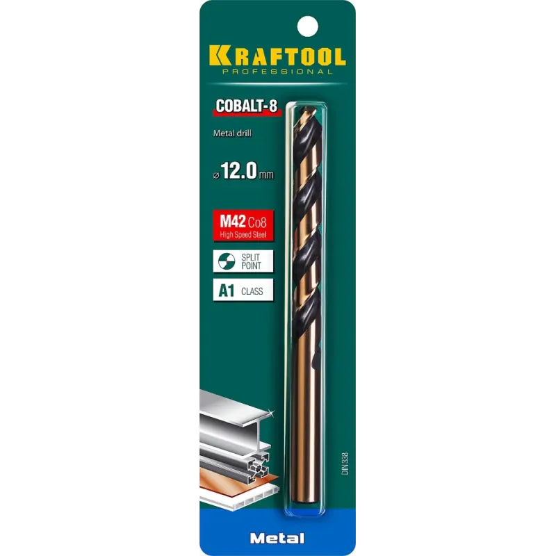 KRAFTOOL COBALT-8, 12.0 х 151 мм, сталь М42, HSS-Co(8%), сверло по металлу (29656-12)