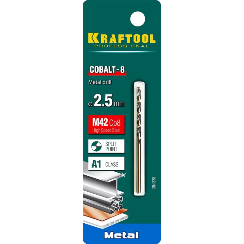 KRAFTOOL COBALT-8, 2.5 х 57 мм, сталь М42, HSS-Co(8%), сверло по металлу (29656-2.5)