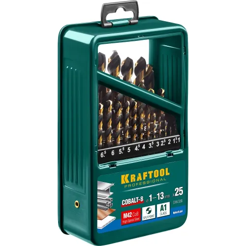 KRAFTOOL COBALT-8, 25 шт, (1-13 мм), сталь М42, HSS-Co(8%), набор сверл по металлу (29656-H25)