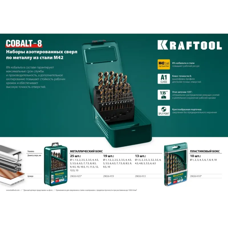 KRAFTOOL COBALT-8, 25 шт, (1-13 мм), сталь М42, HSS-Co(8%), набор сверл по металлу (29656-H25)