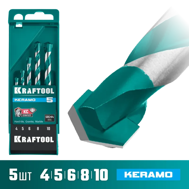 KRAFTOOL Keramo, 5 шт: 4-5-6-8-10 мм набор сверл по керамограниту с твердосплавной пластиной (29175-H5)