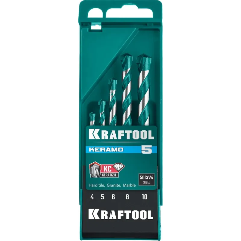 KRAFTOOL Keramo, 5 шт: 4-5-6-8-10 мм набор сверл по керамограниту с твердосплавной пластиной (29175-H5)