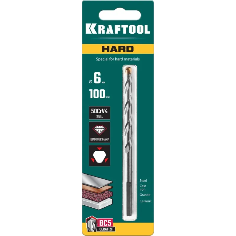 KRAFTOOL Hard, 6 х 100 мм, тв.сплав ВС5, сверло специальное по твёрдым материалам (29177-100-6)