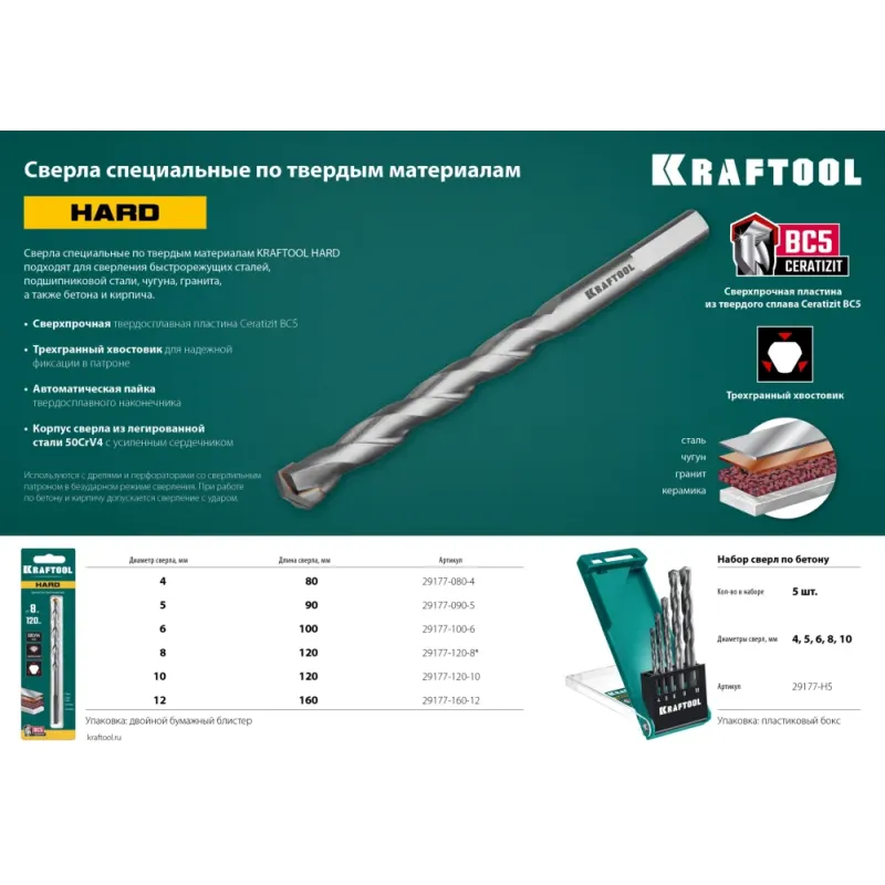 KRAFTOOL Hard, 6 х 100 мм, тв.сплав ВС5, сверло специальное по твёрдым материалам (29177-100-6)