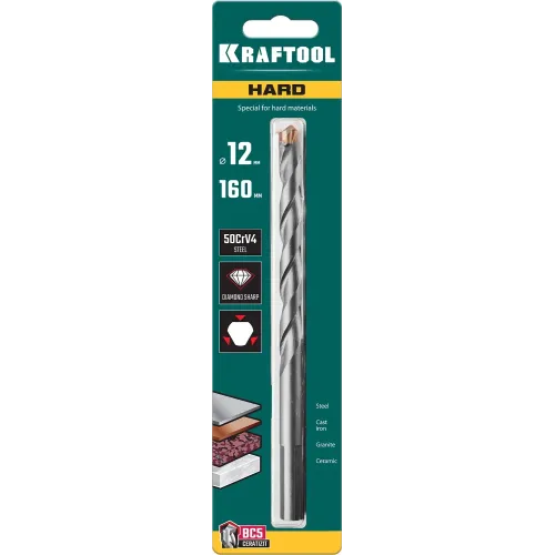 KRAFTOOL Hard, 12 х 160 мм, тв.сплав ВС5, сверло специальное по твёрдым материалам (29177-160-12)
