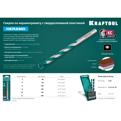 KRAFTOOL Keramo, 10 х 120 мм, тв.сплав КС, сверло по керамограниту (29175-120-10)