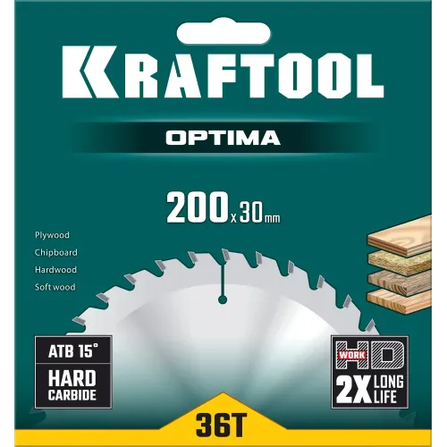 KRAFTOOL Optima, 200 х 30 мм, 36Т, пильный диск по дереву (36951-200-30)