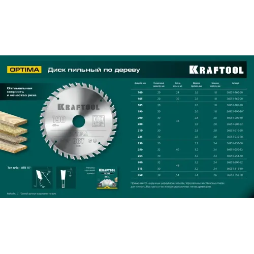 KRAFTOOL Optima, 200 х 30 мм, 36Т, пильный диск по дереву (36951-200-30)