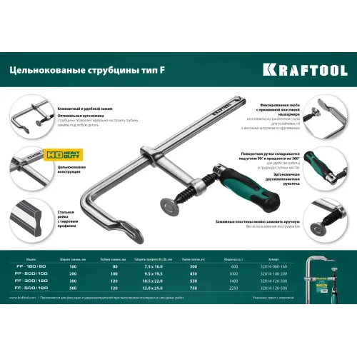 KRAFTOOL Forge FF-300/120, 120 х 300 мм, цельнокованая струбцина F (32014-120-300)