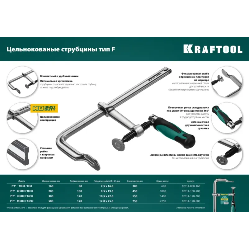 KRAFTOOL Forge FF-300/120, 120 х 300 мм, цельнокованая струбцина F (32014-120-300)