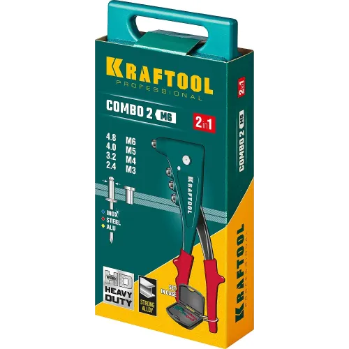 KRAFTOOL Combo2-M6, 2 вида заклёпок, комбинированный литой заклепочник в кейсе (31180)