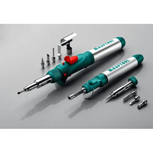 KRAFTOOL SolderGas, 120 K, 30 - 120 Вт, 1300°С, горелка, фен, пьезоподжиг, набор 10 в 1, газовый паяльник (55503-H10)