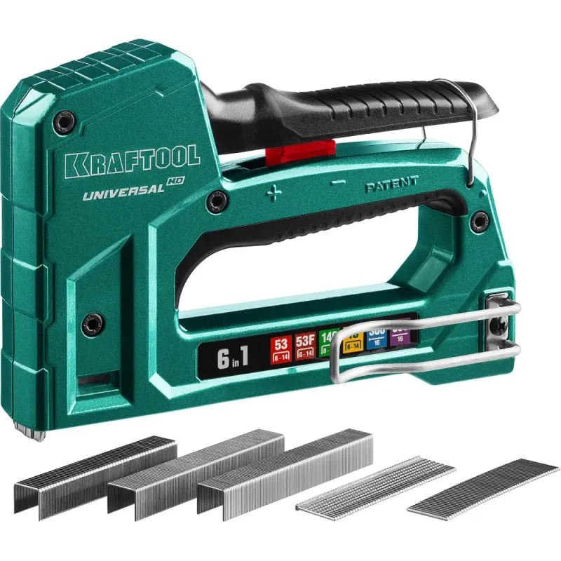 KRAFTOOL Universal-HD, 6-в-1: 53 (A/10/JT21) 23GA (6 - 14 мм)/140 (G/11/57) 20GA (8 - 14 мм)/13/53F/300/500, универсальный алюминиевый степлер (3188)