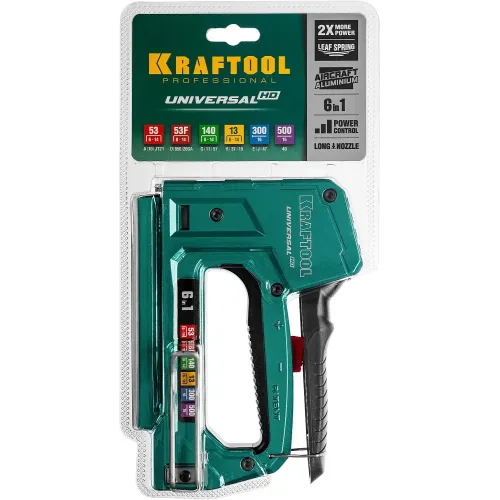 KRAFTOOL Universal-HD, 6-в-1: 53 (A/10/JT21) 23GA (6 - 14 мм)/140 (G/11/57) 20GA (8 - 14 мм)/13/53F/300/500, универсальный алюминиевый степлер (3188)