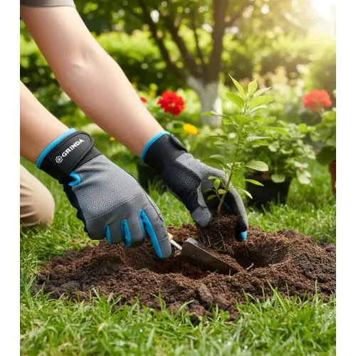 GRINDA FLORA, M (8), садовые перчатки из искусственной кожи с усиленным наладонником и кончиками пальцев, противоскользящие, PRO Line (1138-M)