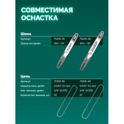 ЗУБР 40 В, (2x20В), 400 мм шина (Тип 6), без АКБ (LMS), пила цепная аккумуляторная (ПЦБ-4040)
