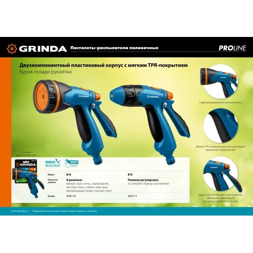 GRINDA B-8, 8 режимов, курок сзади, двухкомпонентный, поливочный пистолет, PROLine (429110)