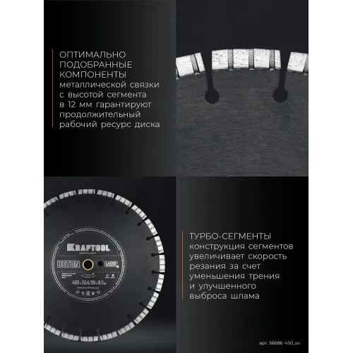 KRAFTOOL BETON 450 мм (25.4/20 мм, 12х3.8 мм), алмазный диск (36686-450)