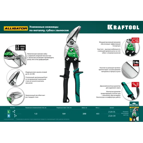 KRAFTOOL Alligator, 250 мм, правые усиленные ножницы по металлу с выносом (2328-OR)
