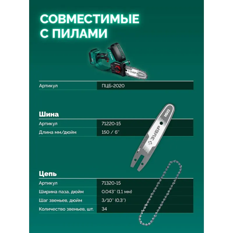ЗУБР тип 20, 15 см, шаг 3/10″, паз 1.1 мм, 34 звеньев, шина (71220-15)