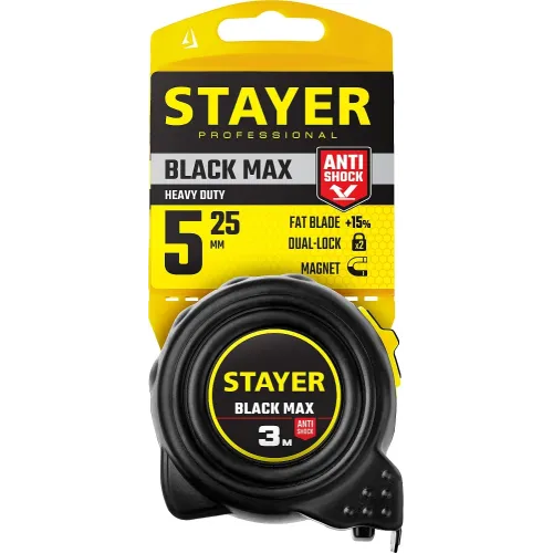STAYER BlackMax, 5 м х 25 мм, рулетка с двумя фиксаторами, Professional (3410-05-25)