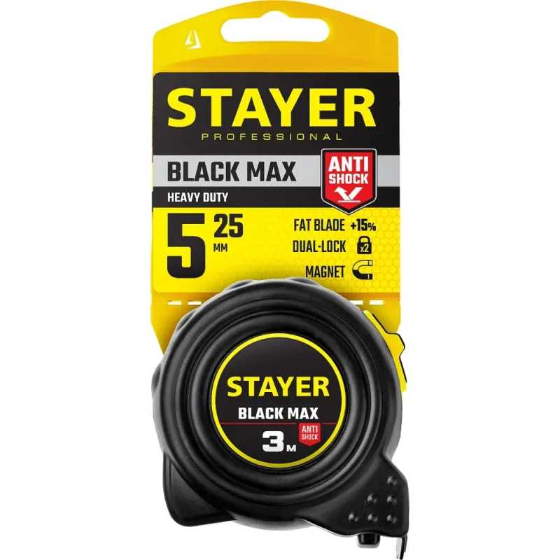 STAYER BlackMax, 5 м х 25 мм, рулетка с двумя фиксаторами, Professional (3410-05-25)