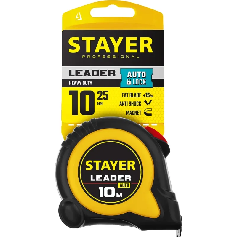 STAYER Leader, 10 м х 25 мм, рулетка с автостопом, Professional (3402-10-25)