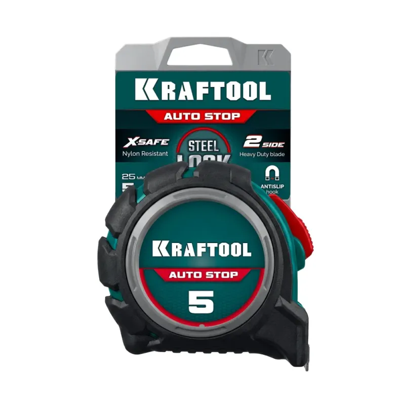 KRAFTOOL AutoStop 5м х 25мм, профессиональная рулетка с автостопом (3412-5-25)