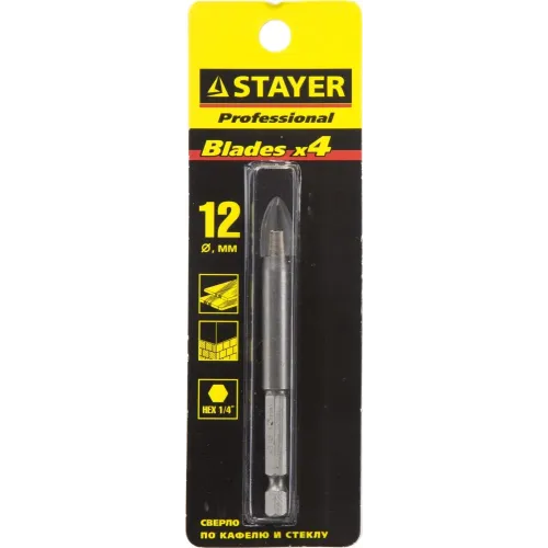 STAYER 12 мм, 4х кромка, HEX 1/4, Сверло по стеклу и кафелю (2985-12)