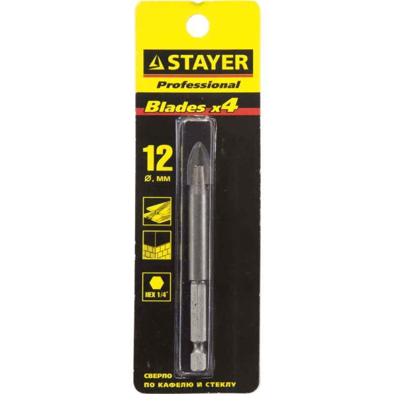 STAYER 12 мм, 4х кромка, HEX 1/4, Сверло по стеклу и кафелю (2985-12)
