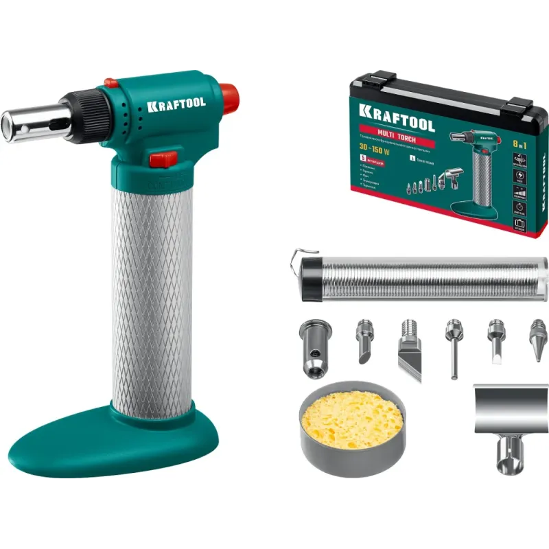 KRAFTOOL Multi torch, 30 - 150 Вт, 1300°С, набор 8 в 1: горелка, фен, пьезоподжиг, газовый паяльник (55506-H8)