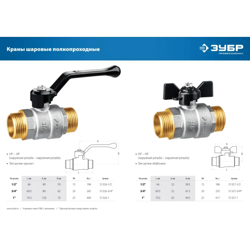 ЗУБР d 1″, ручка-рычаг, ″папа-папа″, полнопроходной шаровой кран (51326-1)