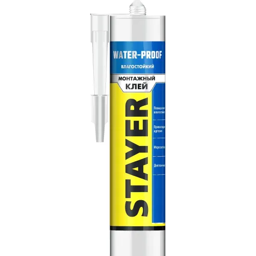 STAYER WATERPROOF, 280 мл, белый, влагостойкий монтажный клей, Professional (41325)