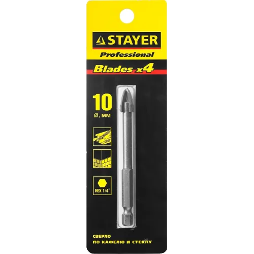 STAYER 10 мм, 4х кромка, HEX 1/4, Сверло по стеклу и кафелю (2985-10)