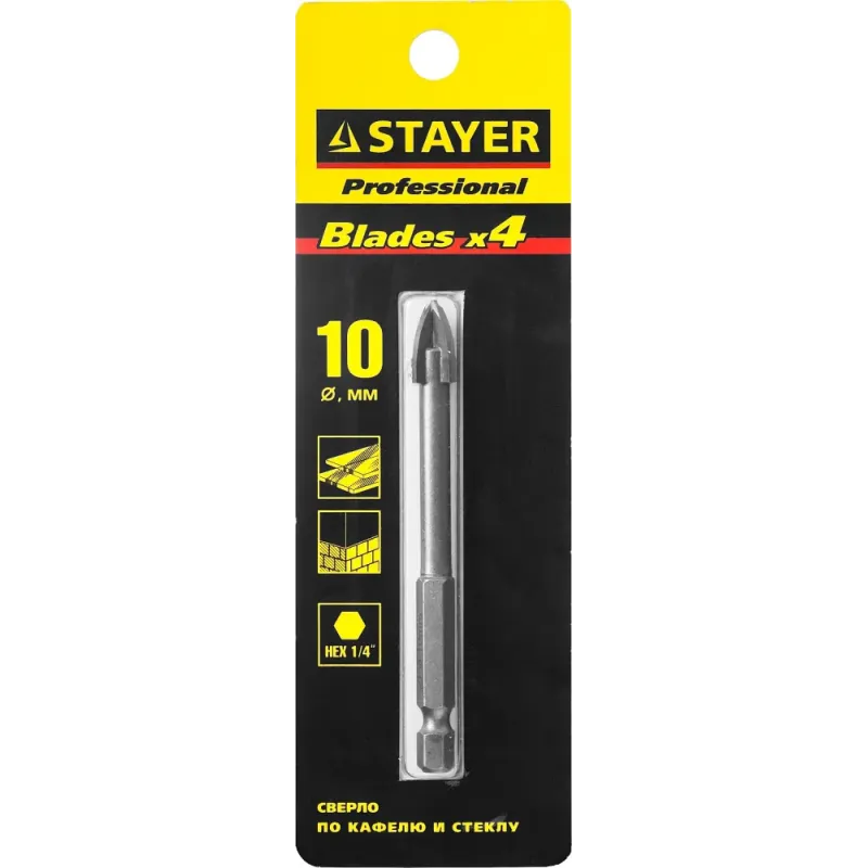 STAYER 10 мм, 4х кромка, HEX 1/4, Сверло по стеклу и кафелю (2985-10)