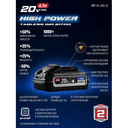 ЗУБР High Power, 20 В, 4.0 А·ч, аккумулятор LMS, ПРОФЕССИОНАЛ (BP-H-20-4)