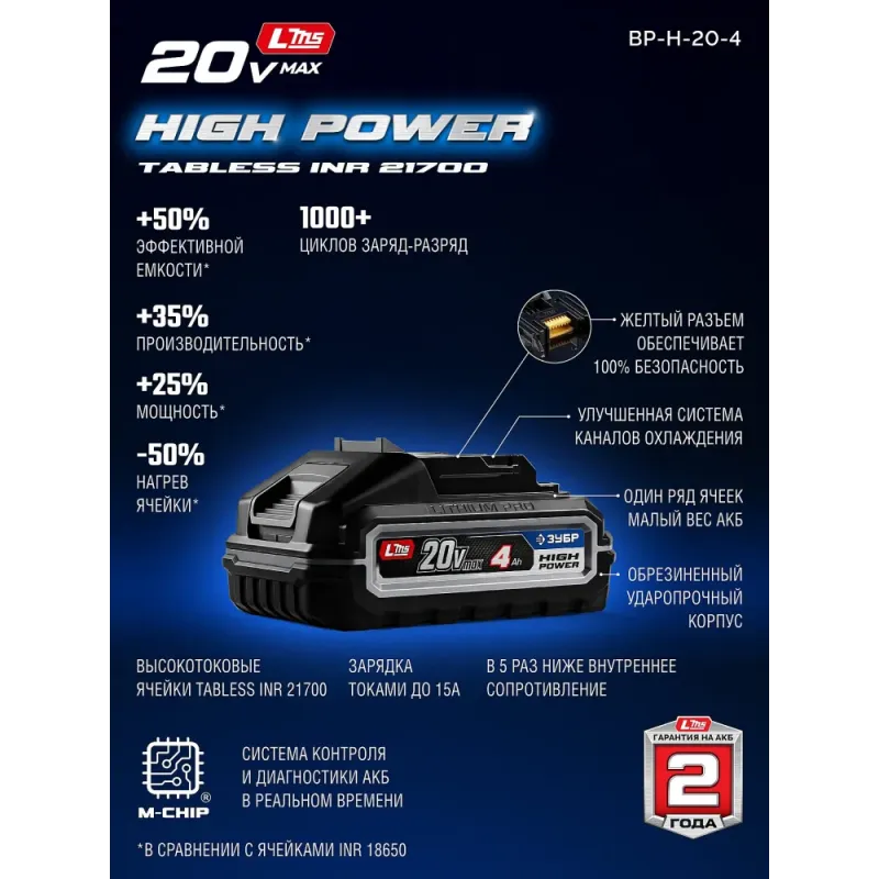 ЗУБР High Power, 20 В, 4.0 А·ч, аккумулятор LMS, ПРОФЕССИОНАЛ (BP-H-20-4)
