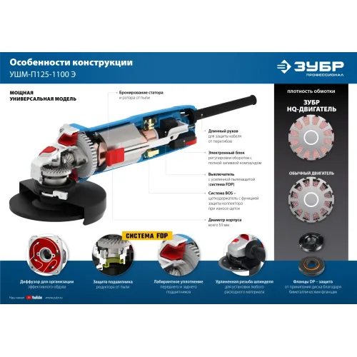 ЗУБР 1100 Вт, d125 мм, УШМ, регулировка оборотов, Профессионал (УШМ-П125-1100 Э)