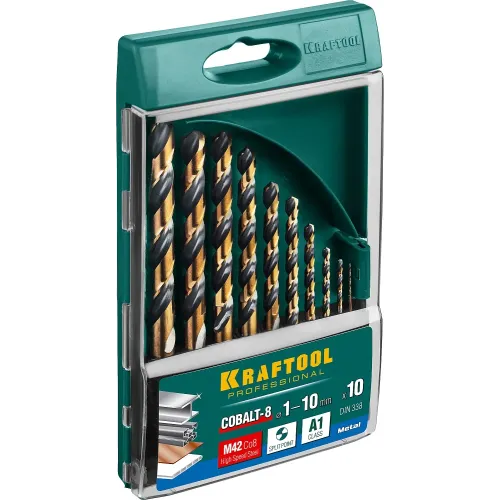 KRAFTOOL COBALT-8, 10 шт, (1-10 мм), сталь М42, HSS-Co(8%), набор сверл по металлу (29656-H10)