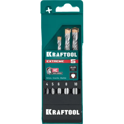 KRAFTOOL Extreme, 5 шт: 4-5-6-8-10 мм, трехгранный хвостовик, набор сверл по бетону (29166-H5)