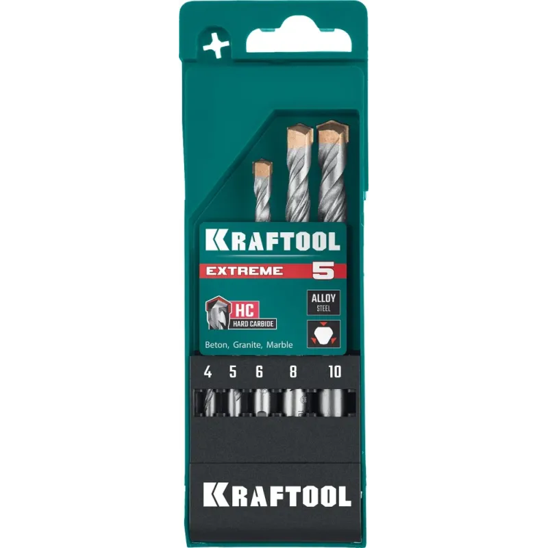 KRAFTOOL Extreme, 5 шт: 4-5-6-8-10 мм, трехгранный хвостовик, набор сверл по бетону (29166-H5)