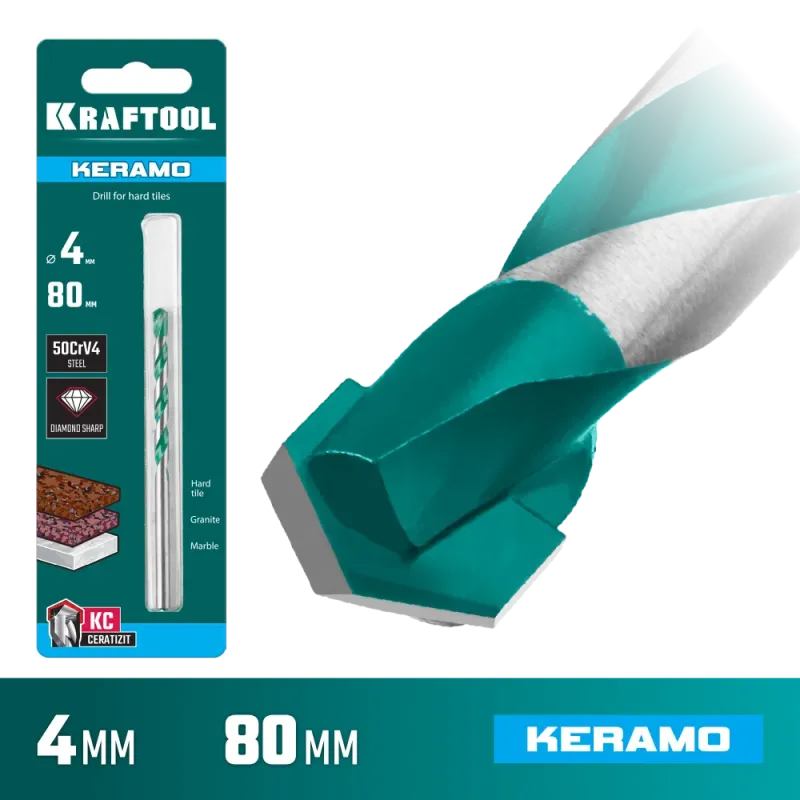 KRAFTOOL Keramo, 4 х 80 мм, тв.сплав КС, сверло по керамограниту (29175-080-4)