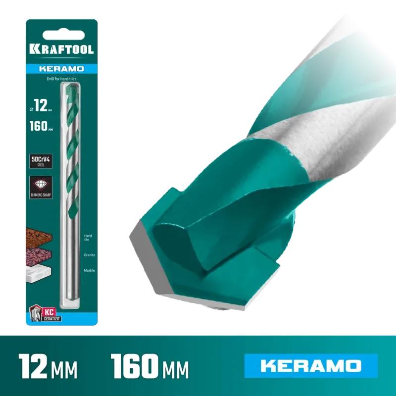 KRAFTOOL Keramo, 12 х 160 мм, тв.сплав КС, сверло по керамограниту (29175-160-12)