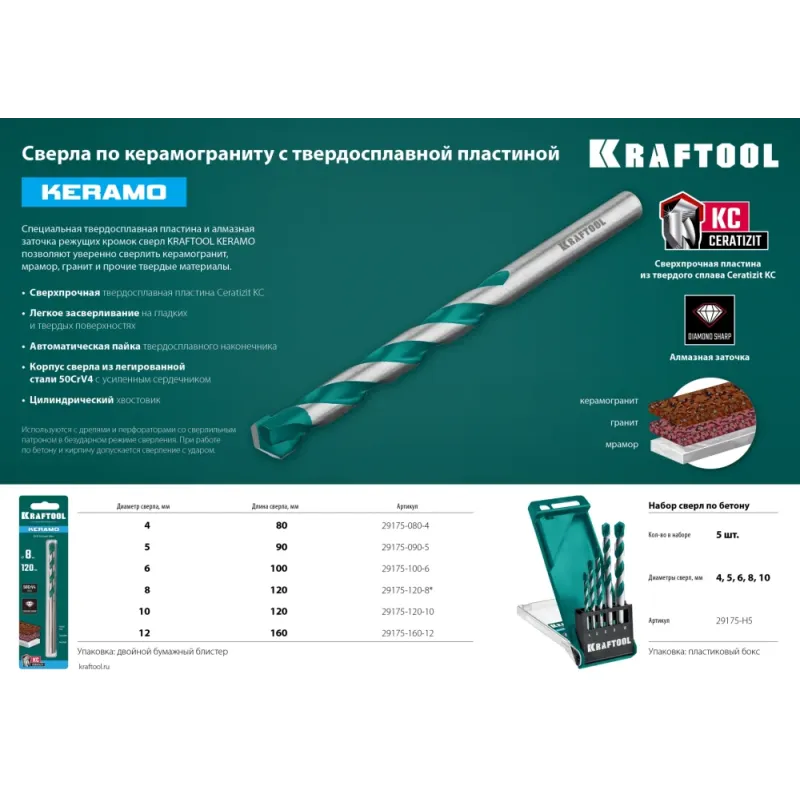 KRAFTOOL Keramo, 12 х 160 мм, тв.сплав КС, сверло по керамограниту (29175-160-12)