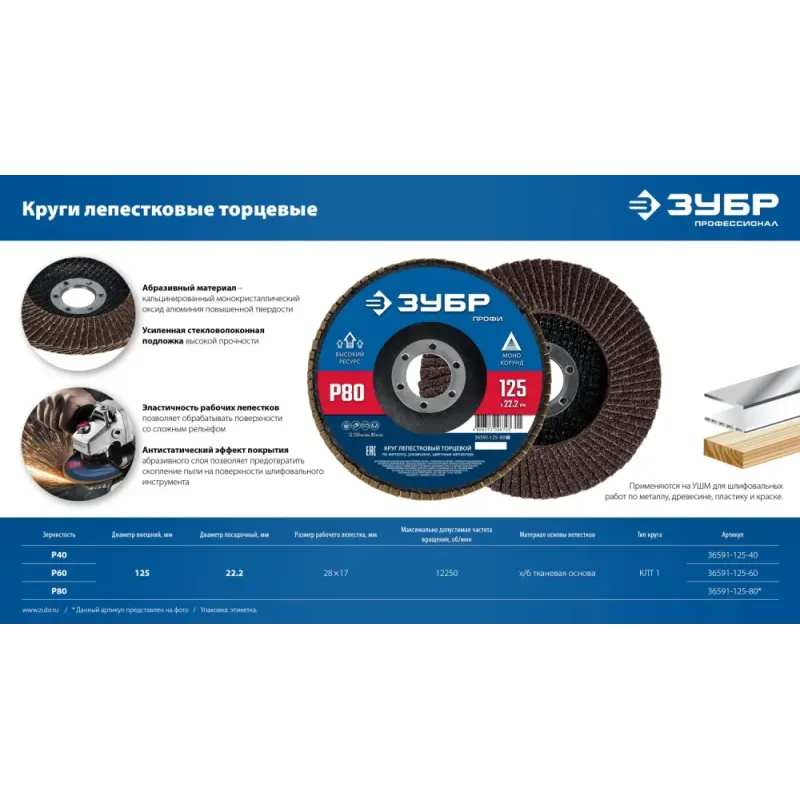 ЗУБР 125 х 22.2 мм, P40, КЛТ, Круг лепестковый торцевой (36591-125-40)