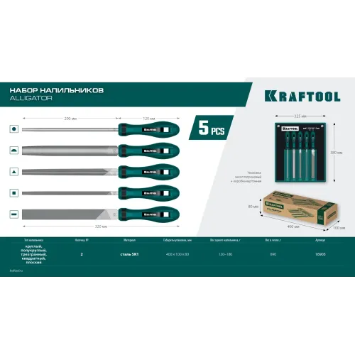 KRAFTOOL ALLIGATOR набор напильников, двухкомпонентная рукоятка, 200 мм