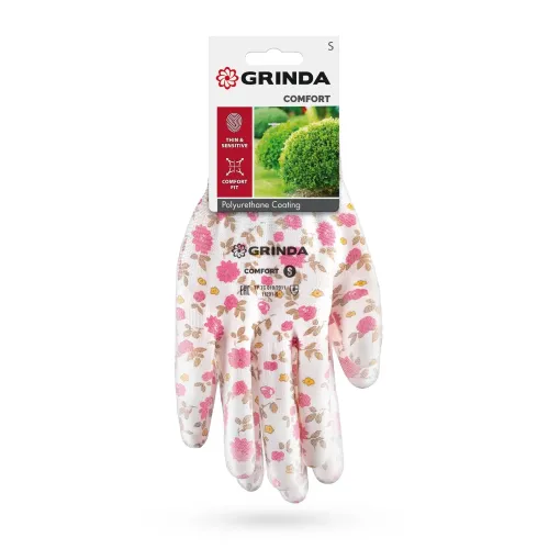 GRINDA COMFORT, S (7), садовые перчатки с прозрачным полиуретановым покрытием, розовые, 13 класс (11291-S)